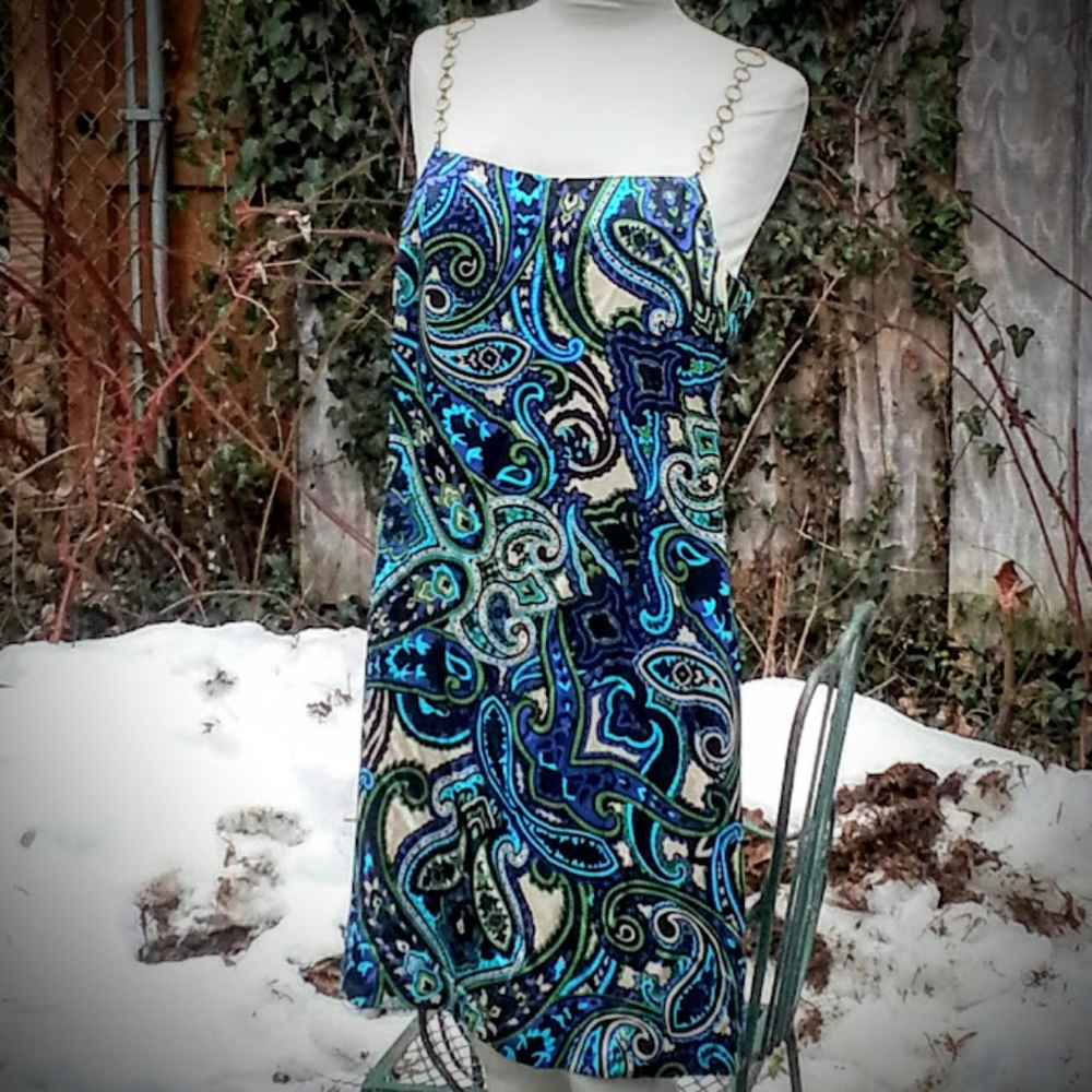 INC blue silk paisley gold chain straps Column Midi Dress NWT